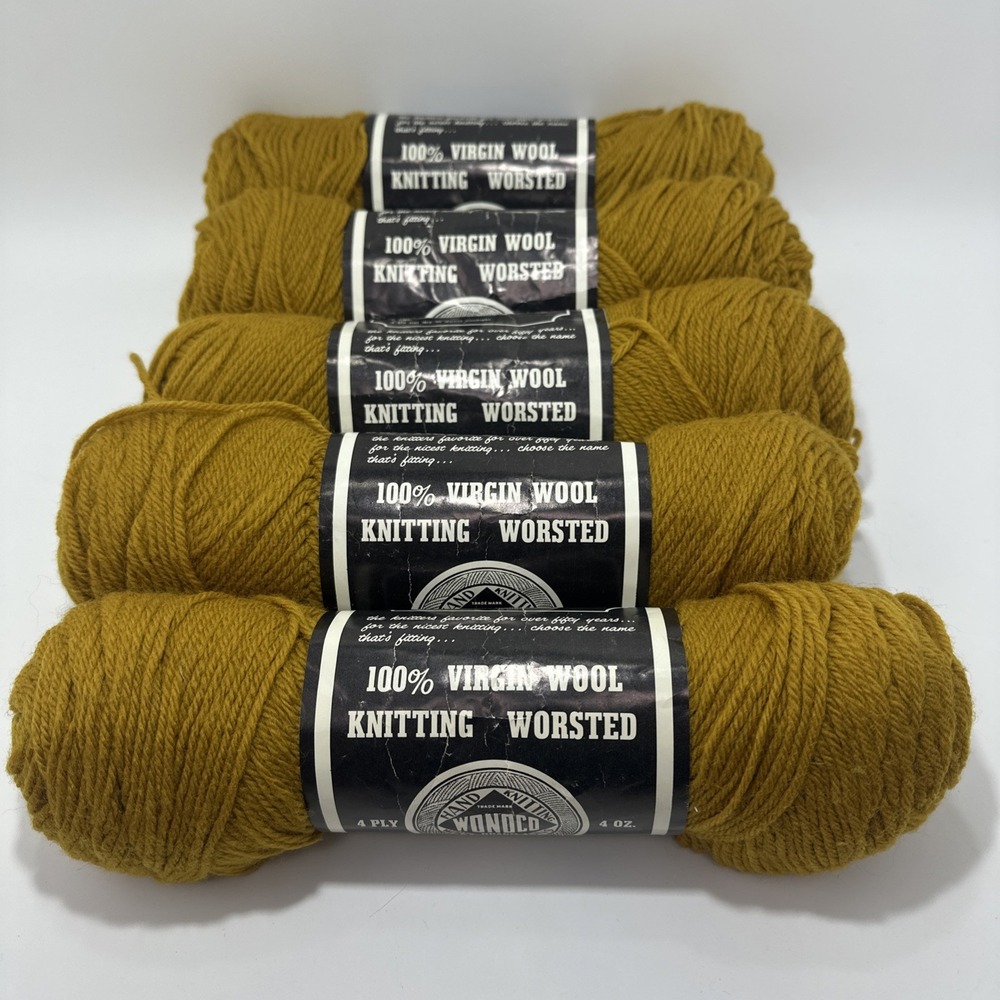 Vtg Wonoco Knitting Yarn Worsted 100% Wool “OLD GOLD”  (5) 4 oz Skeins Lot 6595